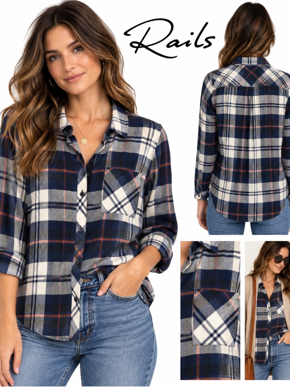 Rails Plaid Button Down Shirt Navy Gray Rust Women’s Small